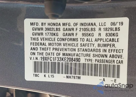 2019 Honda Civic Ex из США, поврежденный, VIN 19XFC1F33KE208490